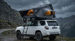 Topoak rooftop tent review: Topoak Vision hard shell rooftop tent pitched on an SUV during a heavy mountain rainstorm.