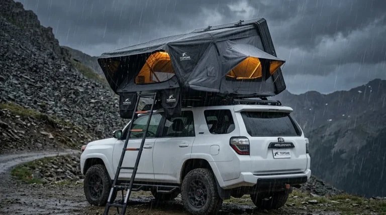 Topoak rooftop tent review: Topoak Vision hard shell rooftop tent pitched on an SUV during a heavy mountain rainstorm.