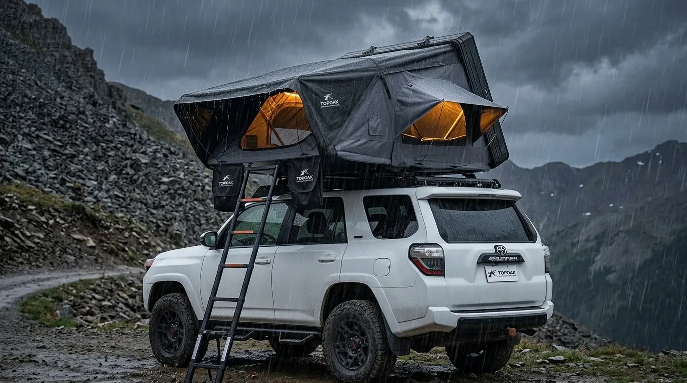 Topoak rooftop tent review: Topoak Vision hard shell rooftop tent pitched on an SUV during a heavy mountain rainstorm.