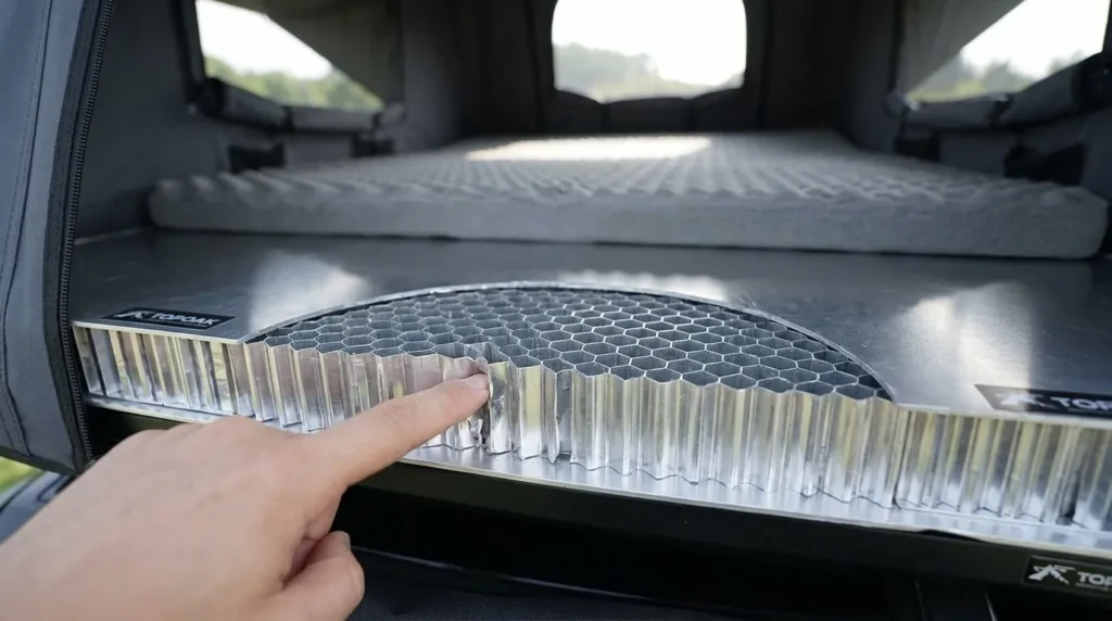 A detailed view of the honeycomb aluminum floor structure on a Topoak Vision rooftop tent.