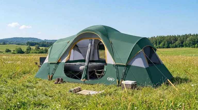 A UNP 10 person tent for family, fully pitched in a meadow.