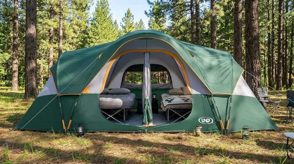 The interior of a UNP 10 person tent showing the two-room layout and vertical walls.