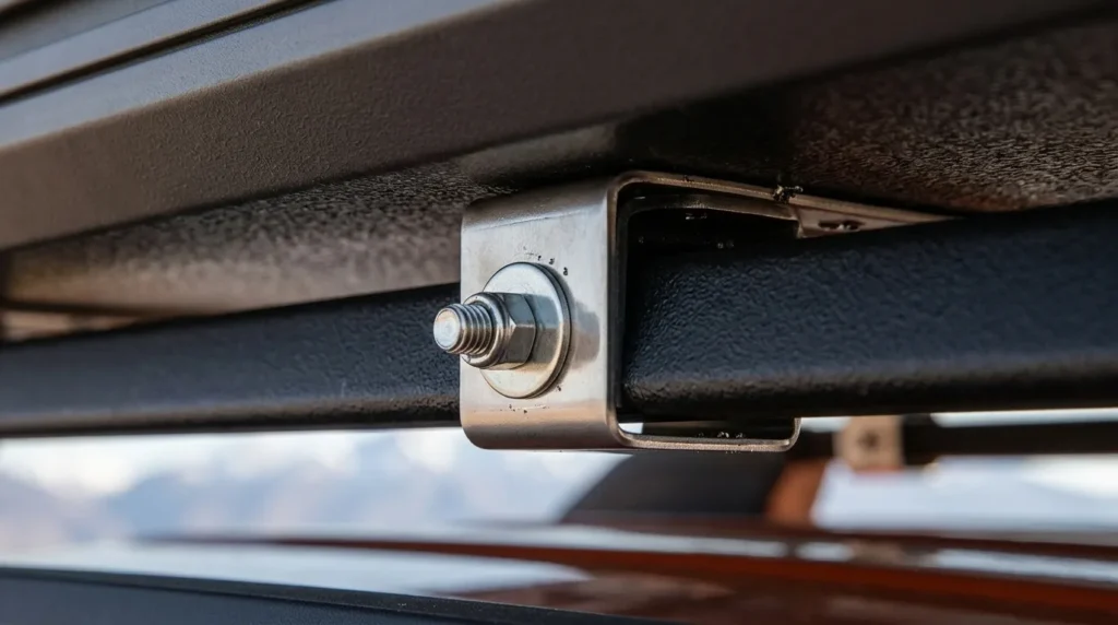 A close up of the stainless steel mounting hardware on a Vevor rooftop tent.