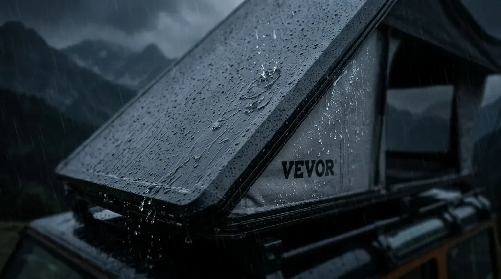 Rainwater on the ABS shell and waterproof canvas of a Vevor rooftop tent.