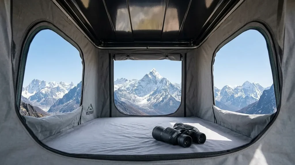 The 360-degree panoramic view from inside a Wildfinder rooftop tent.