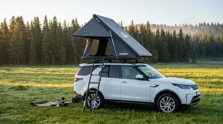 A side-opening hard shell Wildfinder rooftop tent set up on an SUV in a forest.