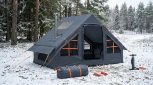 A Catnaoa 4 season inflatable tent set up in a snowy forest clearing.