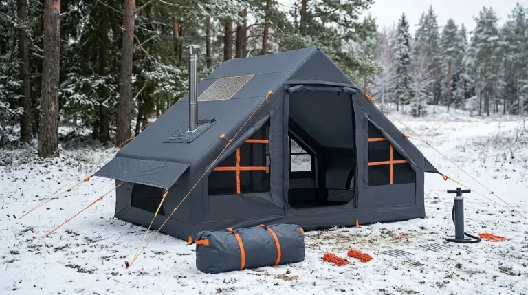 A Catnaoa 4 season inflatable tent set up in a snowy forest clearing.