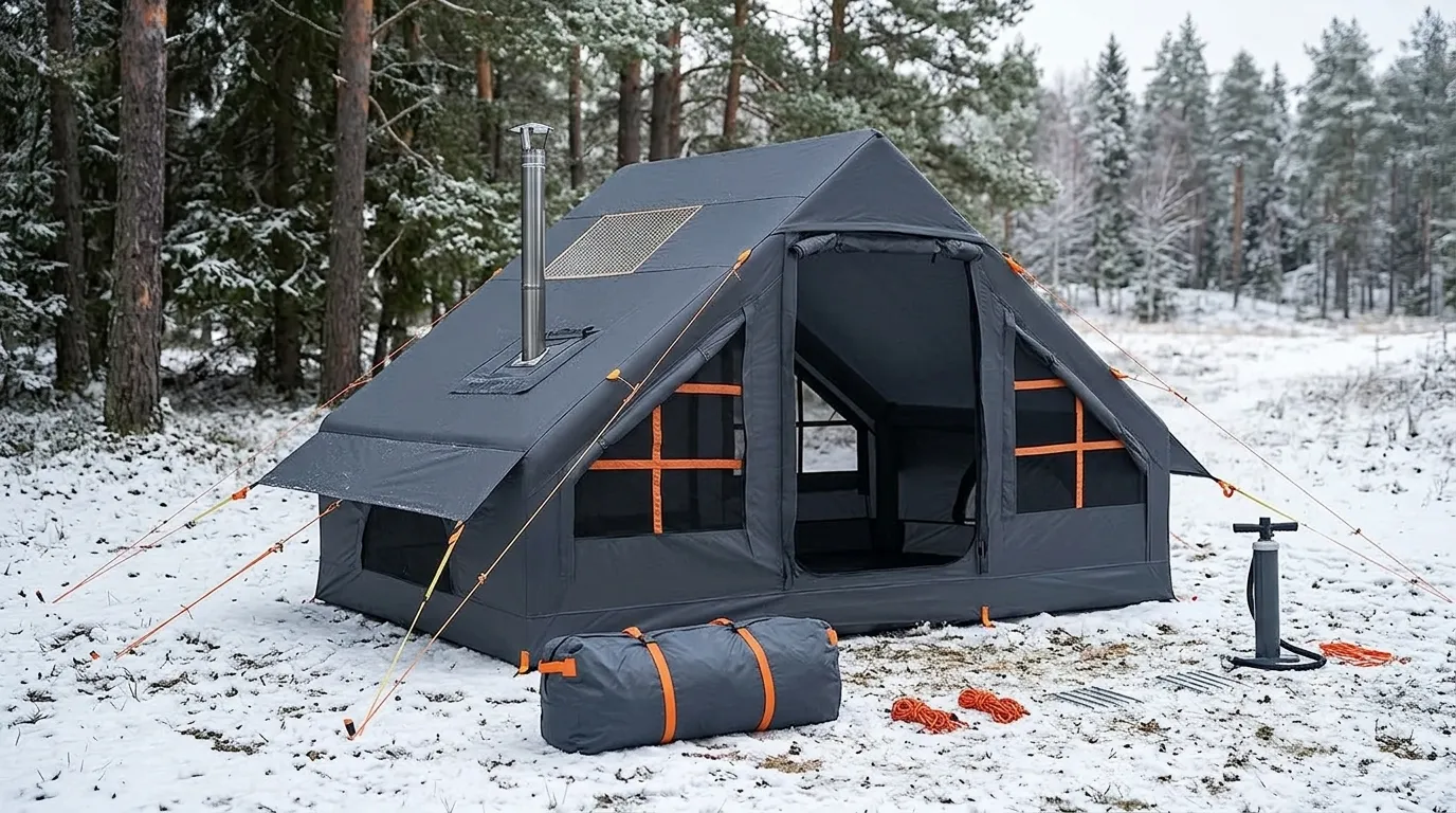 A Catnaoa 4 season inflatable tent set up in a snowy forest clearing.