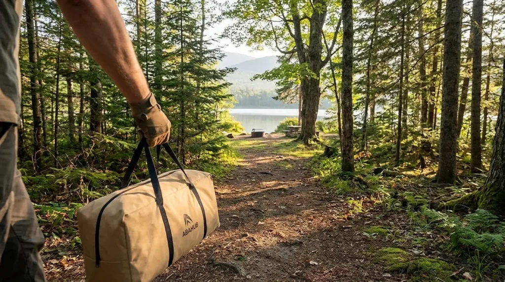 A solo camper carrying the lightweight Abahub 2 person inflatable tent bag.