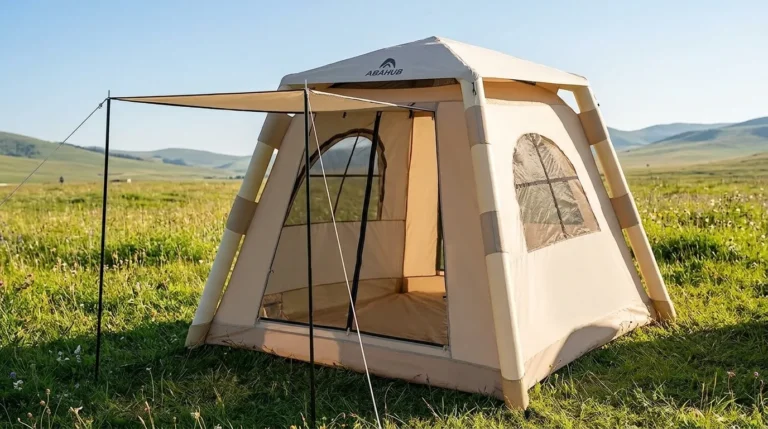 A 2 person inflatable tent from Abahub fully set up in a sunny meadow.