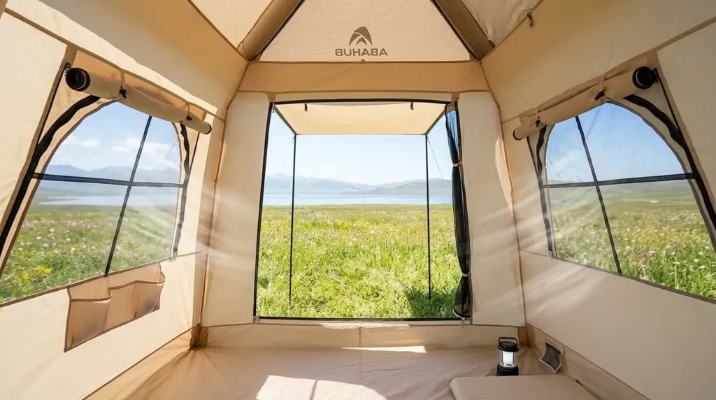 The interior ventilation and mesh skylight of an Abahub 2 person inflatable tent.