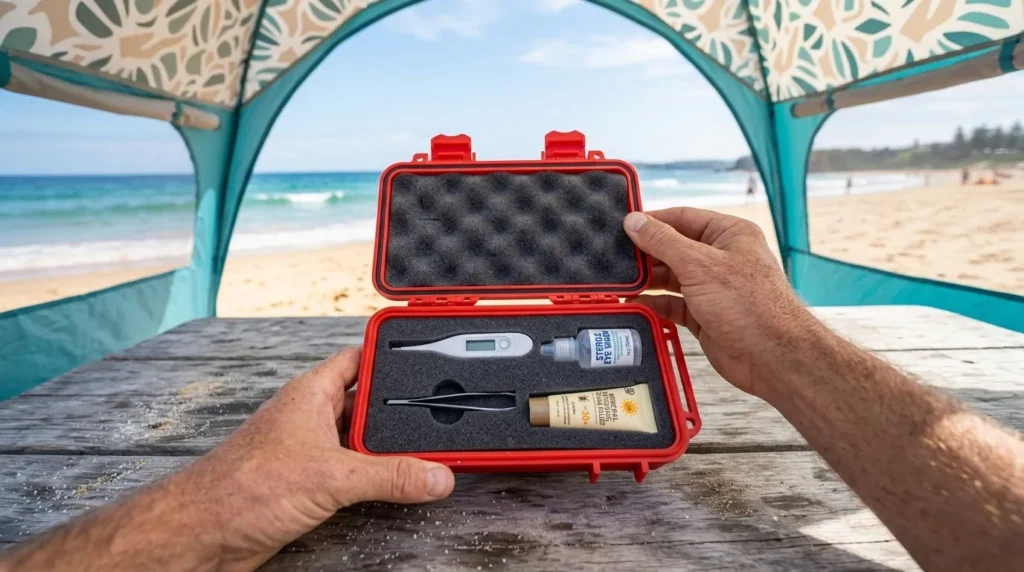 A specialized first aid kit for babies featuring a digital thermometer and sterile eye wash for the beach.