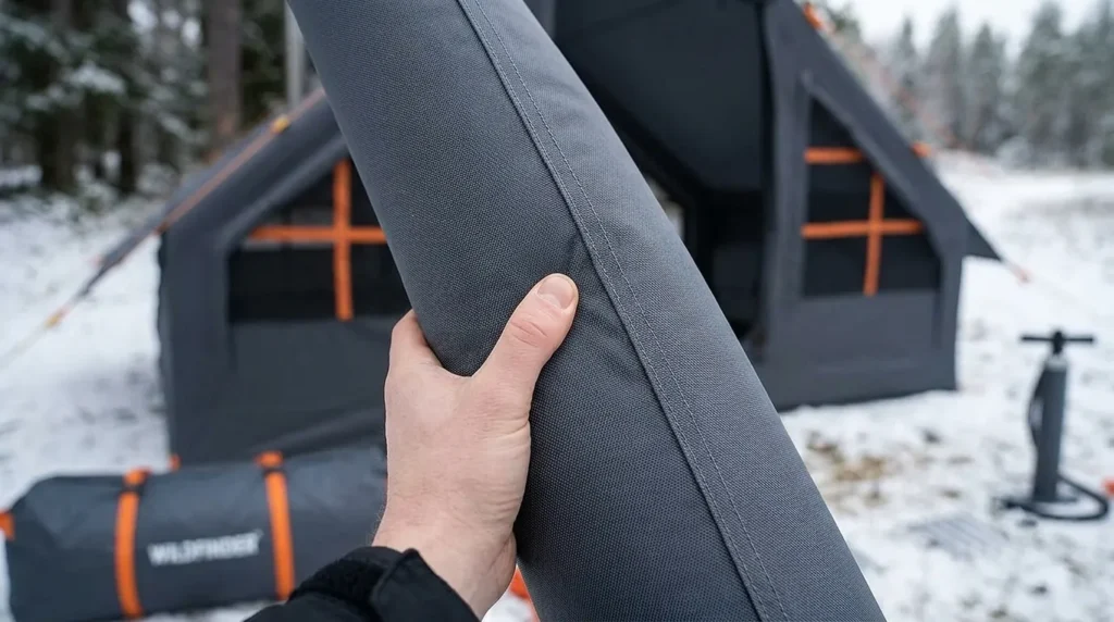 A close up view of the reinforced air beams and thick fabric on a Catnaoa 4 season inflatable tent.