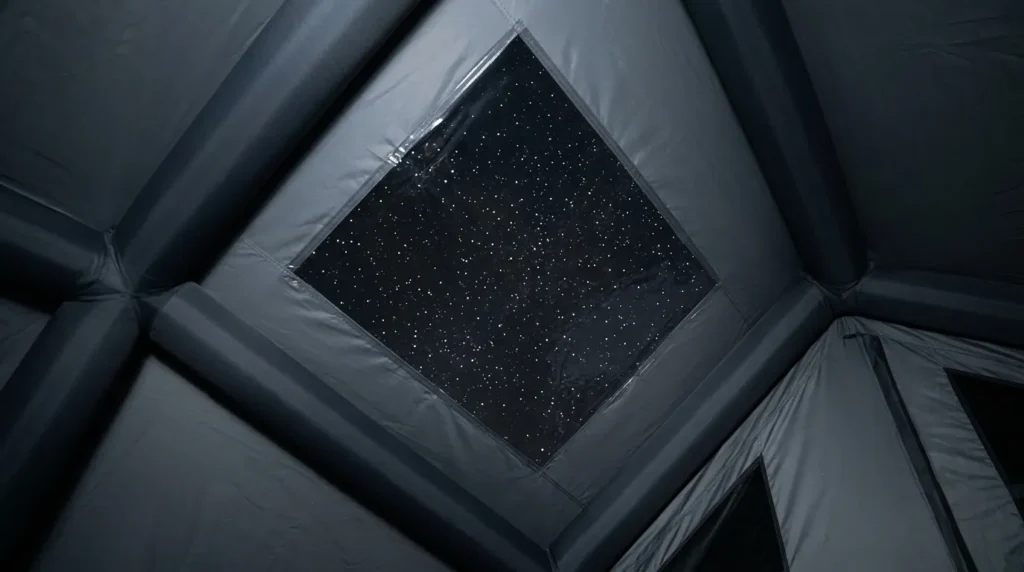 Looking through the TPU skylight of a Catnaoa inflatable tent at night.