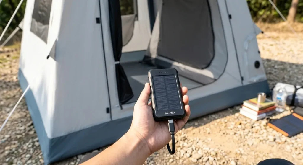 Charging the battery of an automatic inflatable tent using a portable power bank.