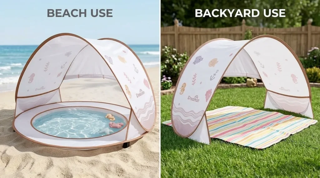 A comparison showing the Dreamon baby tent for beach used both with and without its pool base.