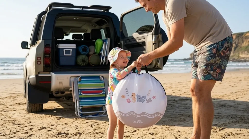 A parent and child packing the Dreamon baby tent for beach into its carry bag.