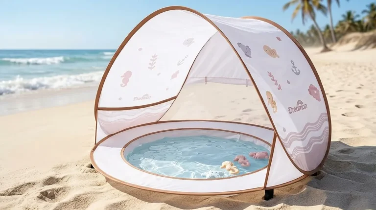 A white Dreamon baby beach tent with a built-in pool set up on a sunny beach.