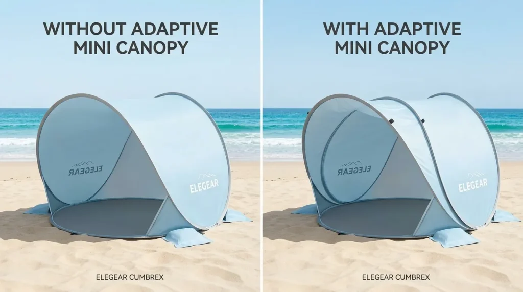Adjusting the mini-canopy on an Elegear beach tent for extra shade.