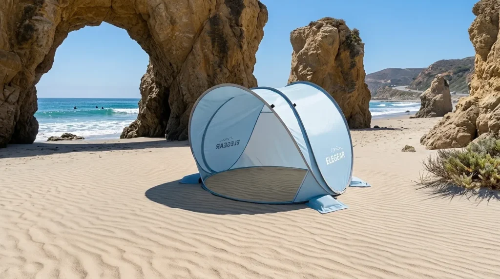 A shade test showing the extra coverage provided by the Elegear beach tent mini canopy extension.