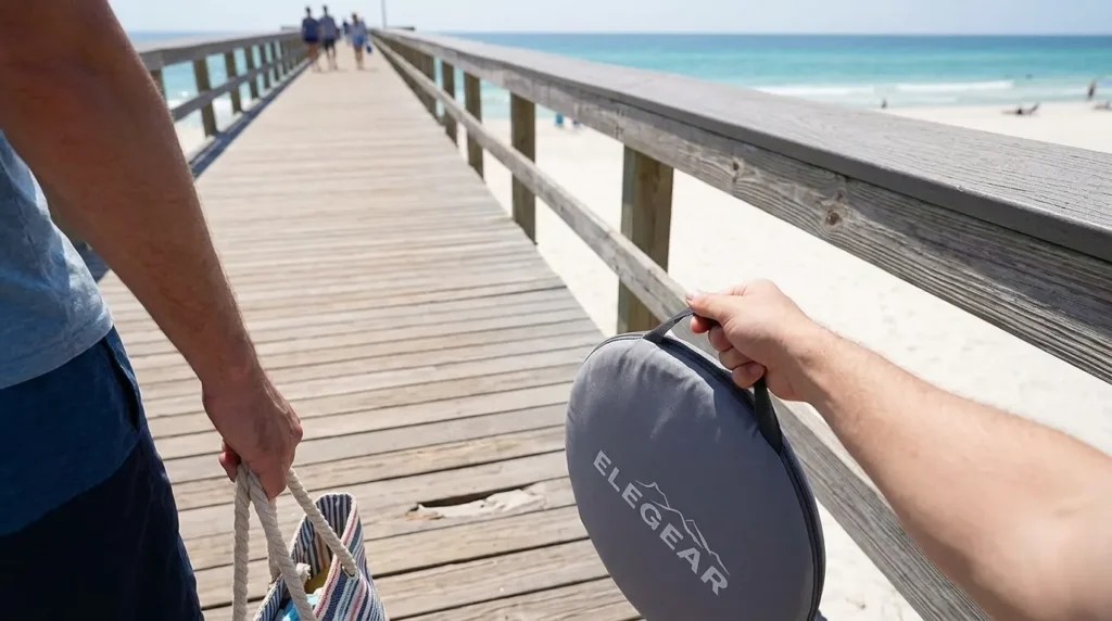 A person carrying the lightweight Elegear beach tent bag on a boardwalk.