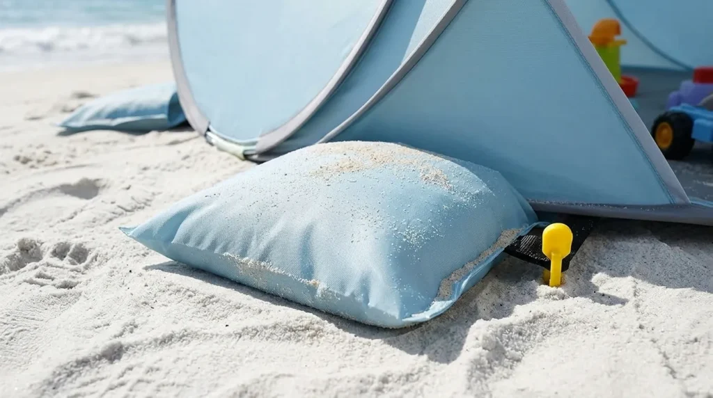 The sandbags and ground nails on an Elegear baby beach tent for wind stability.
