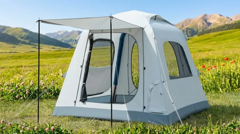 An Fseoot automatic inflatable tent fully set up in a meadow using its one-button pump.