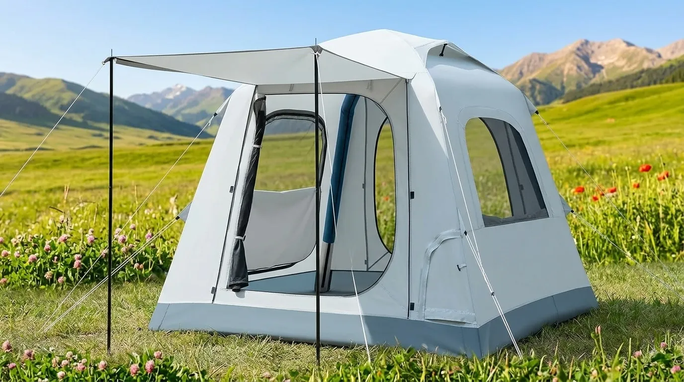 An Fseoot automatic inflatable tent fully set up in a meadow using its one-button pump.