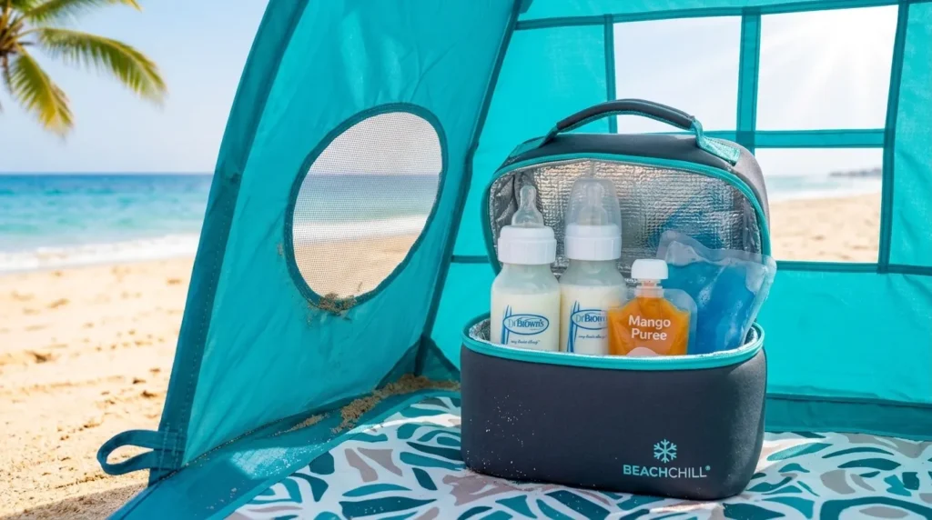 An insulated cooler bag used to store baby food and formula at the beach.