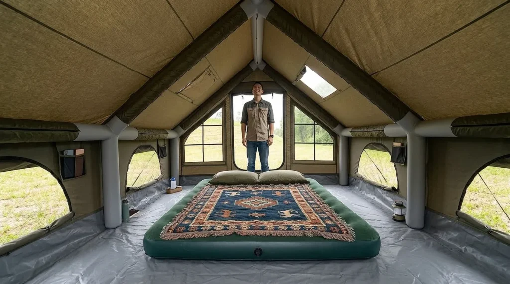 The massive interior and high ceiling of a NANJEEN luxury inflatable tent.