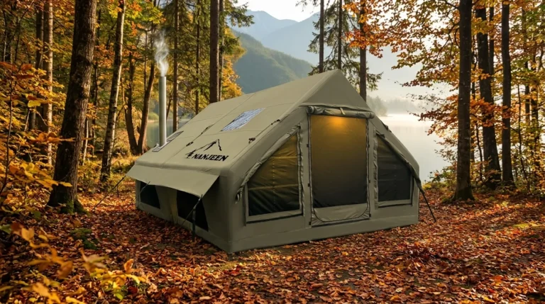 A NANJEEN luxury inflatable camping tent set up in a beautiful autumn forest.