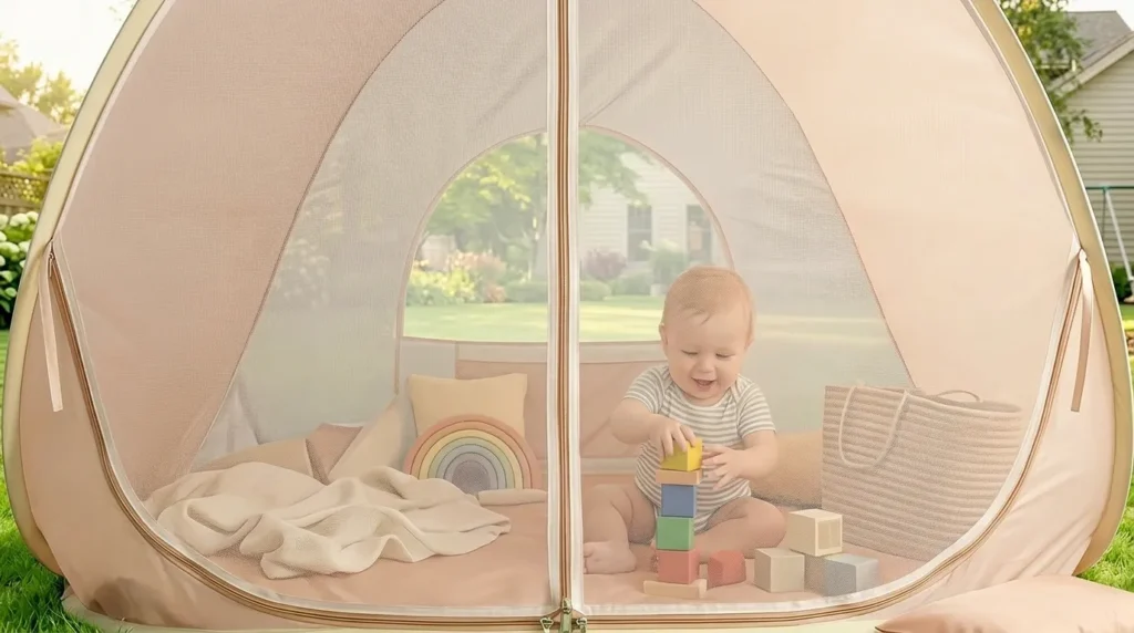 The interior of a Pivoryla baby tent showing the full mesh base closure for bug protection.