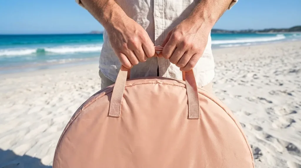 A person holding the compact carry bag of a Pivoryla beach tent for baby.