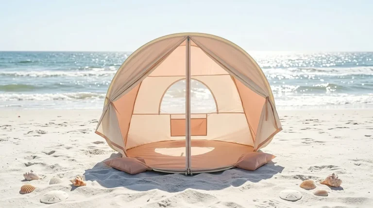 A cream-colored Pivoryla baby beach tent set up on a sunny beach for infant protection.