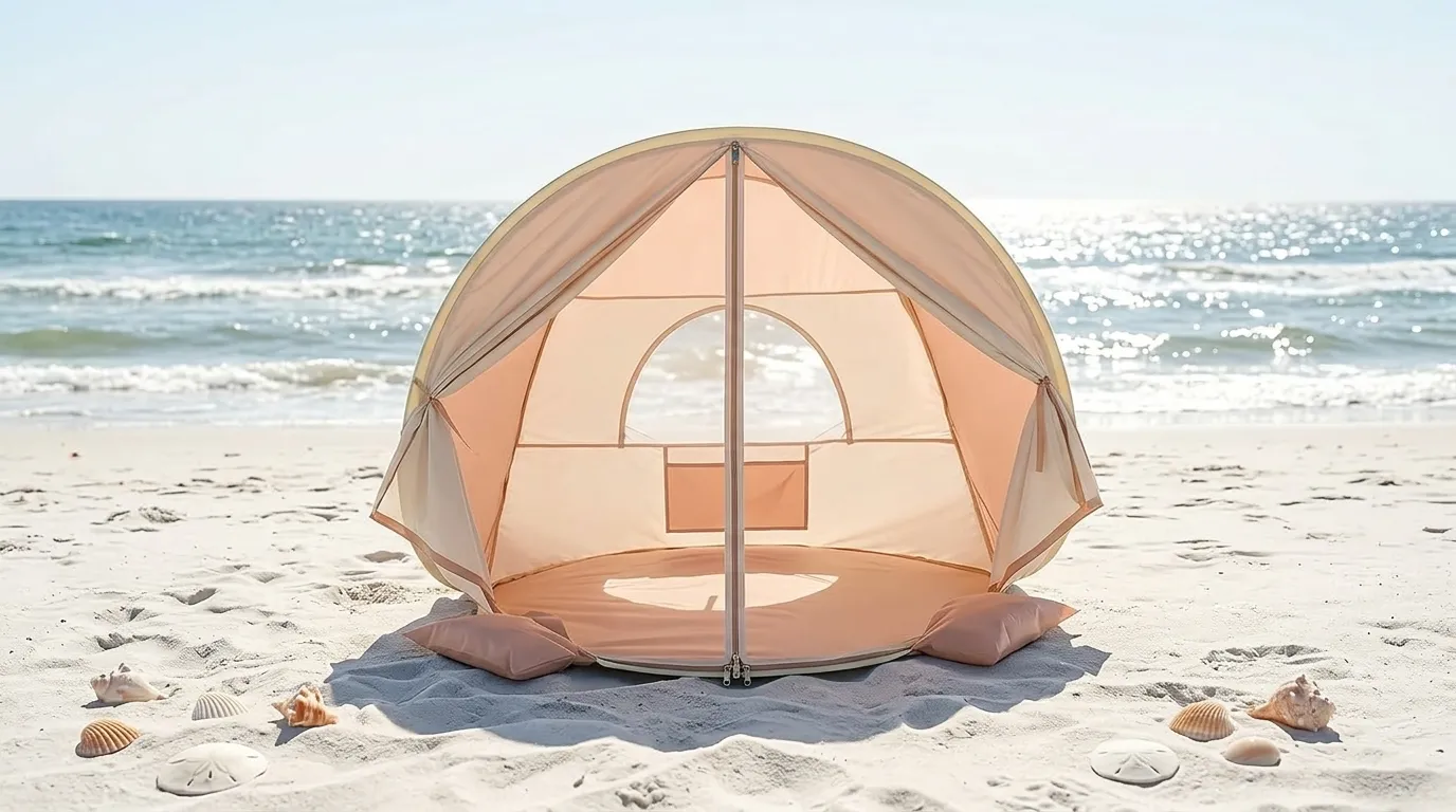 A cream-colored Pivoryla baby beach tent set up on a sunny beach for infant protection.