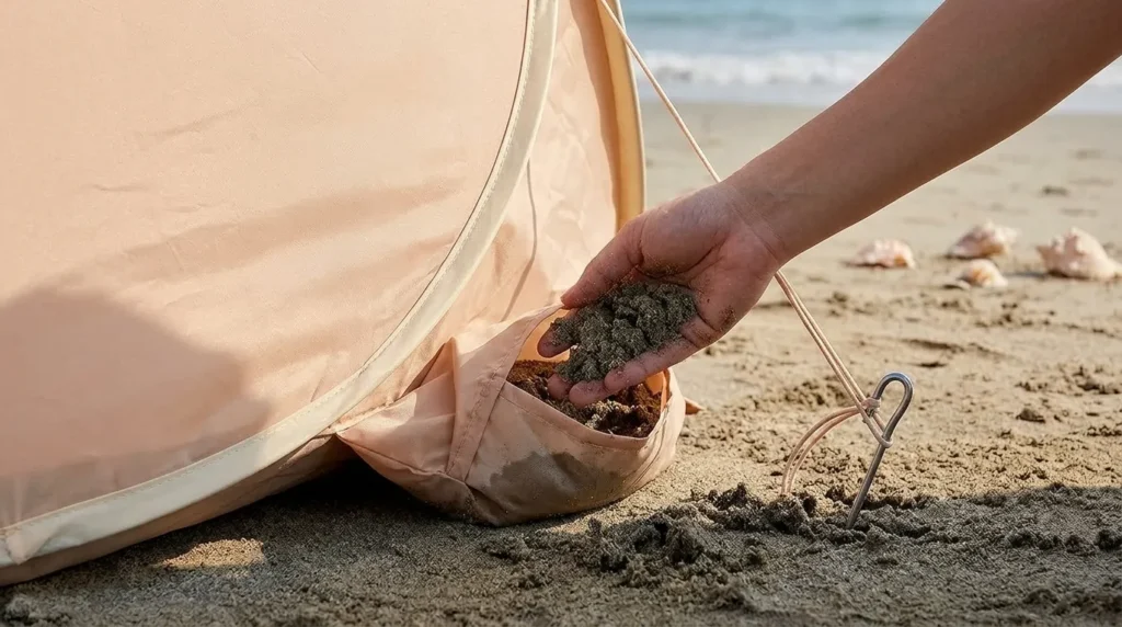 Filling the integrated sandbags on a Pivoryla beach tent for baby for extra stability.