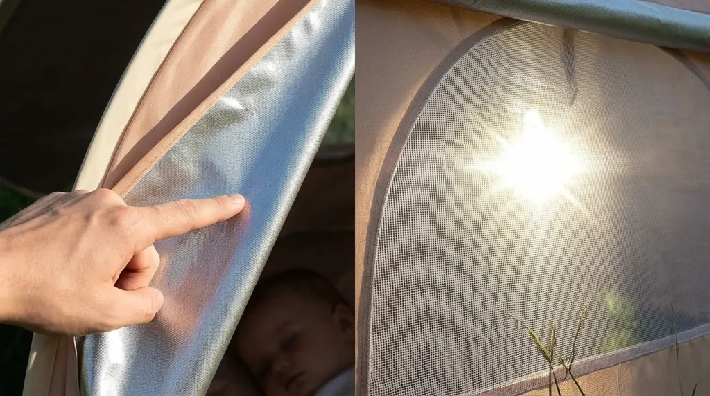 A close up of the silver UV protection coating inside a Pivoryla baby tent.