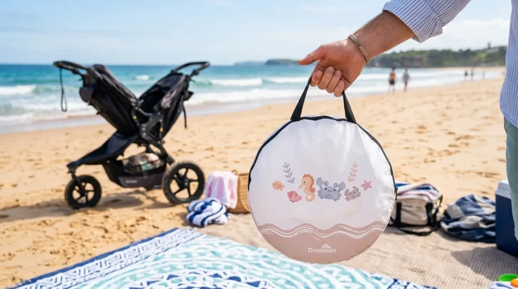 A person holding a compact circular bag for a baby beach tent to show its portability.