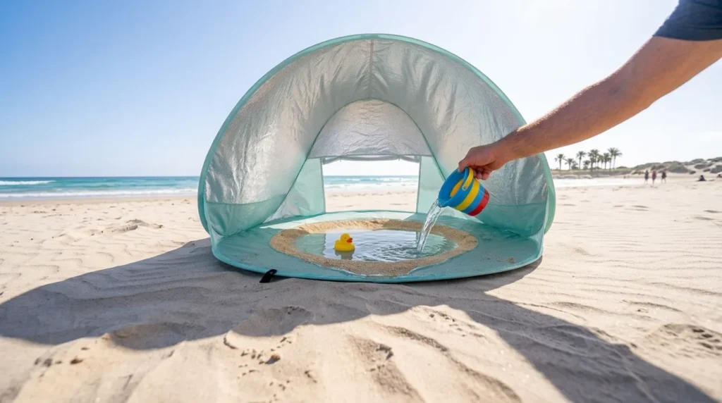 Filling the integrated pool of a Sunba Youth baby beach tent.
