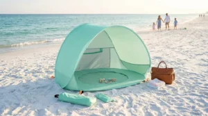 A mint green Sunba Youth baby beach tent with a built-in pool set up on a sunny beach.