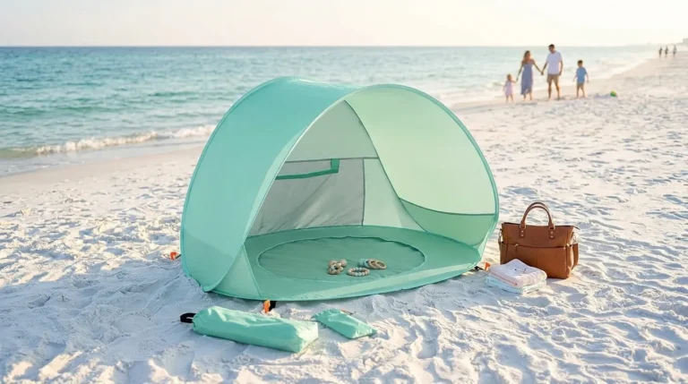A mint green Sunba Youth baby beach tent with a built-in pool set up on a sunny beach.