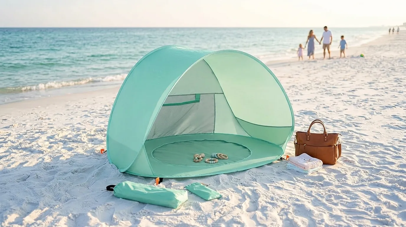 A mint green Sunba Youth baby beach tent with a built-in pool set up on a sunny beach.