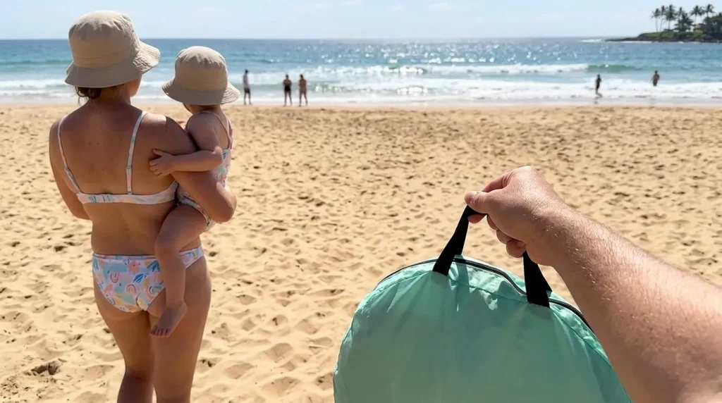 A parent carrying the compact Sunba Youth baby tent bag at the beach.