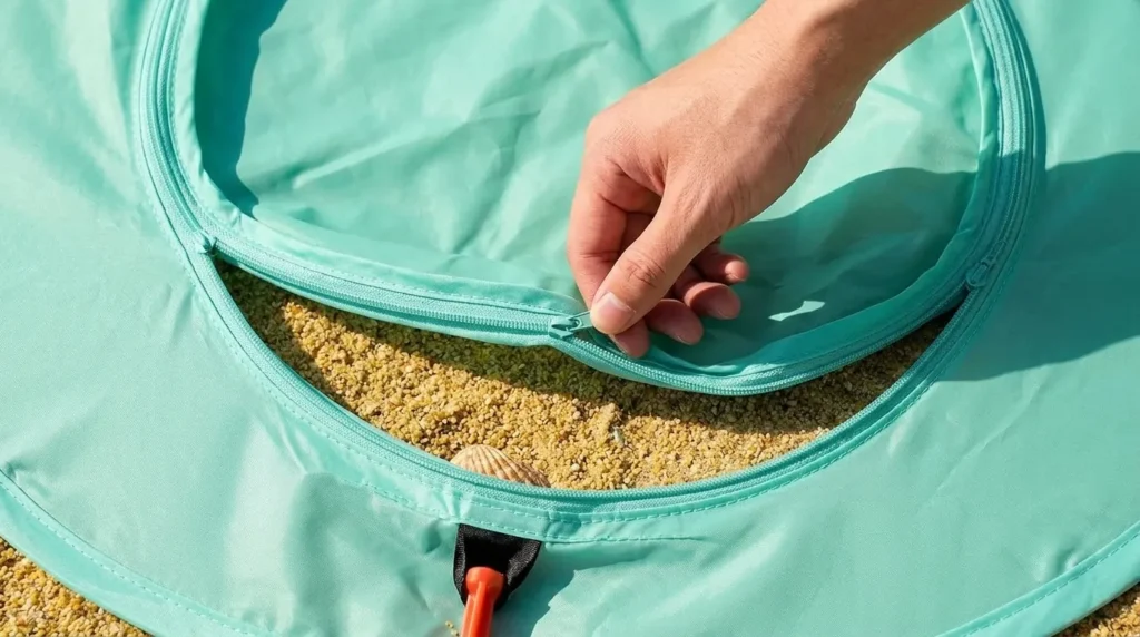 Detaching the built-in pool from the floor of a Sunba Youth baby beach tent.