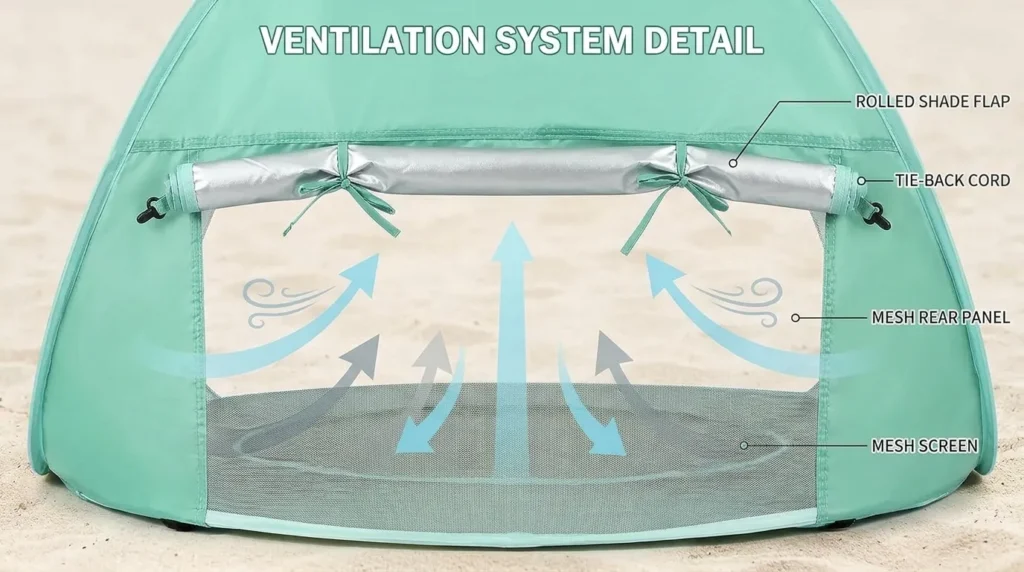 The roll-up mesh window of a Sunba Youth baby tent for airflow.