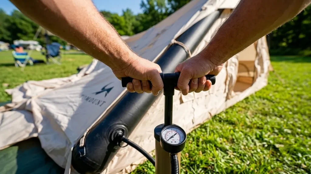 Using a manual pump to inflate the structural air beams of a TOMOUNT inflatable tent.