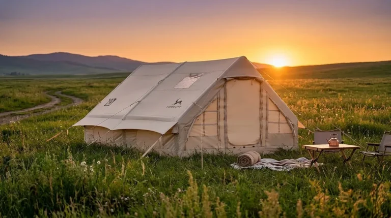 A TOMOUNT 4-person inflatable tent fully set up at a scenic meadow campsite.
