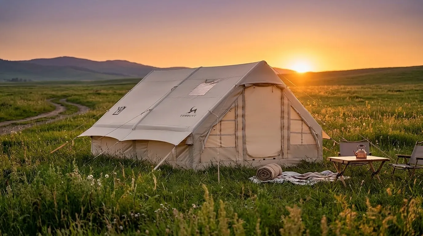 A TOMOUNT 4-person inflatable tent fully set up at a scenic meadow campsite.