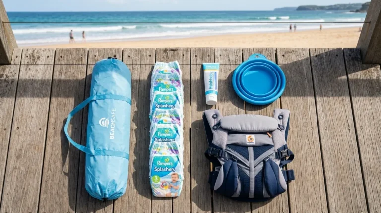 A flat lay photograph of essential baby beach gear and packing items.